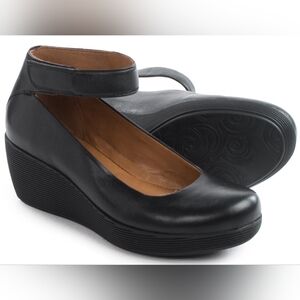 Clarks Artisan Clarene Tide Black Leather Ankle Strap Platform Wedges Size 8
